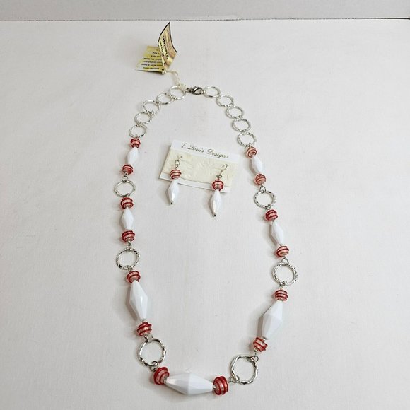 Harbor Long Silver Tone Red White Plastic Beads Necklace Dangle Earrings Set - Picture 5 of 7